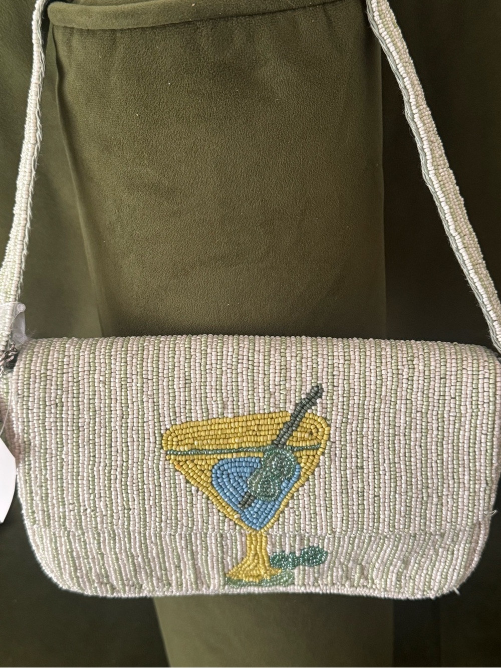 Beaded Cocktail Clutch Shoulder Bag - Ivory with Yellow & Green Cocktail Motif - Picture 4 of 5